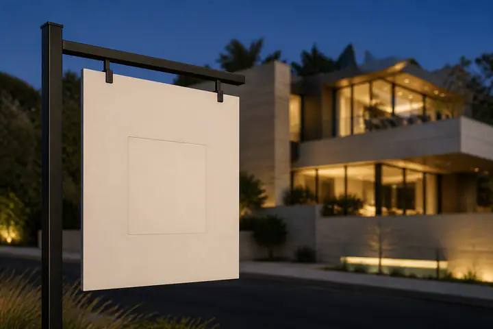A listing sign rider at dusk, the square for its QR code still blank, the lit house behind it