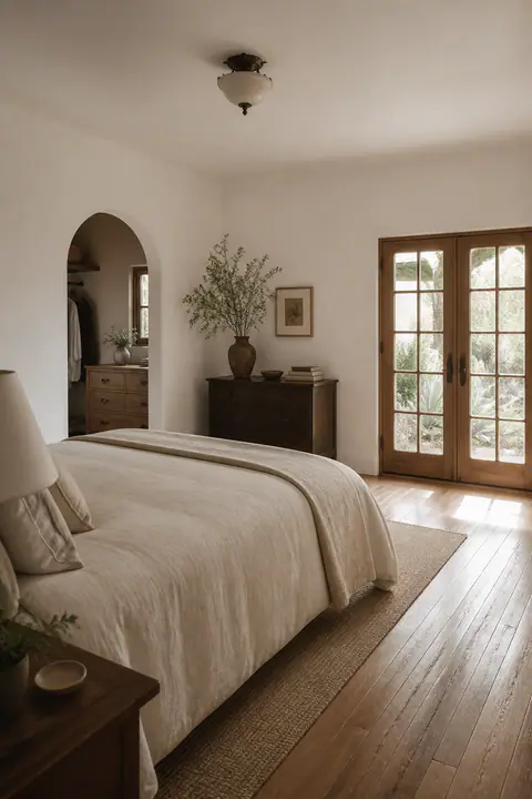 The primary suite: white plaster walls, oak floor, a linen-dressed bed and French doors to the garden