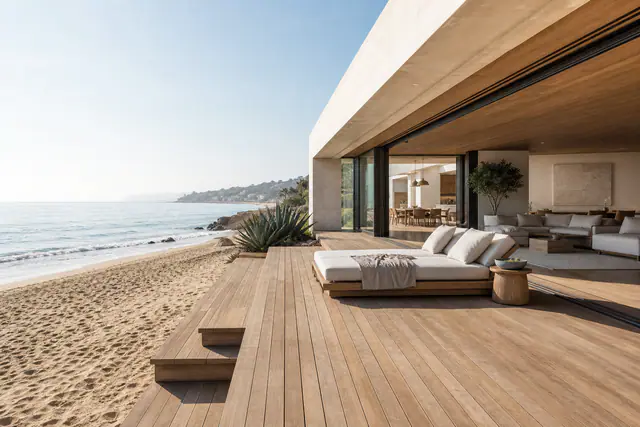 A beachfront house at Malibu in mid-morning light: a teak deck stepping down to the sand, the living room open to it behind a slid-back glass wall, the ocean to the left.