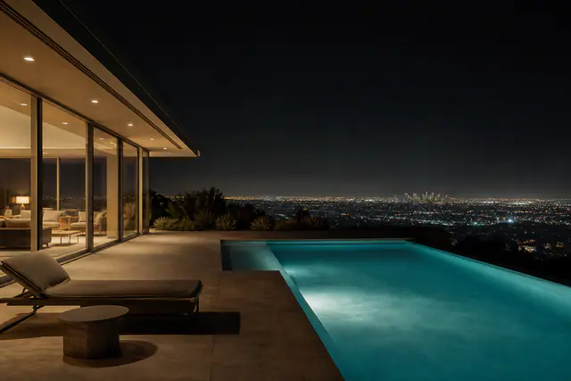 The flagship listing on the VALE Architectural Estates sample site: a single-storey glass pavilion lit from within at night, a long turquoise pool along its terrace, the city grid far below.