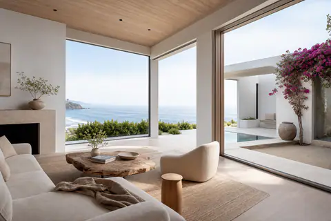 A living room open on two sides to the bluff: a plaster fireplace, a low raw-edged table on a jute rug, sliding glass onto a terrace and a lap pool, the Pacific beyond.