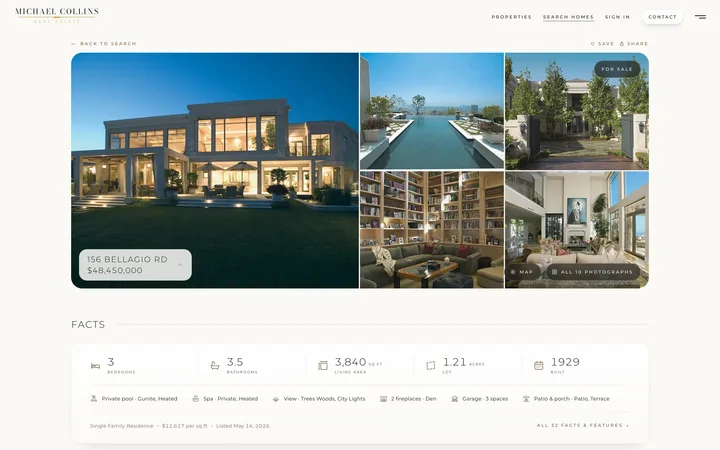 A listing page on a real estate website: a large photo gallery with the address and asking price over the lead photograph, and a facts card below.