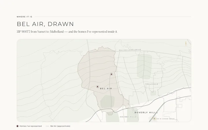 A neighborhood page on a real estate website: a drawn map of the area with its boundary, nearby places and markers for the homes represented there.