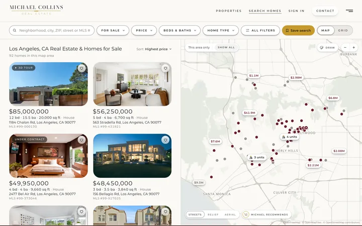 Home search on a real estate website: filters across the top, a grid of listing cards on the left and a map with price pins on the right.