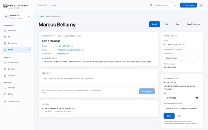 Studio contact page for a sample buyer, showing their message, a box to add a note and the next follow-up reminder.