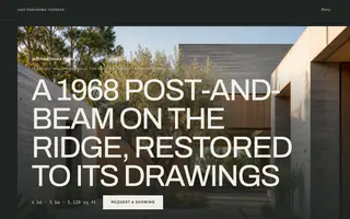 The Panorama template: the address set large over a wide dusk photograph of a post-and-beam house, the price and an open-house chip beneath it