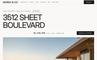 The Sheet template: the address in bold capitals over a flat contact-sheet header, a modern house on a bluff below