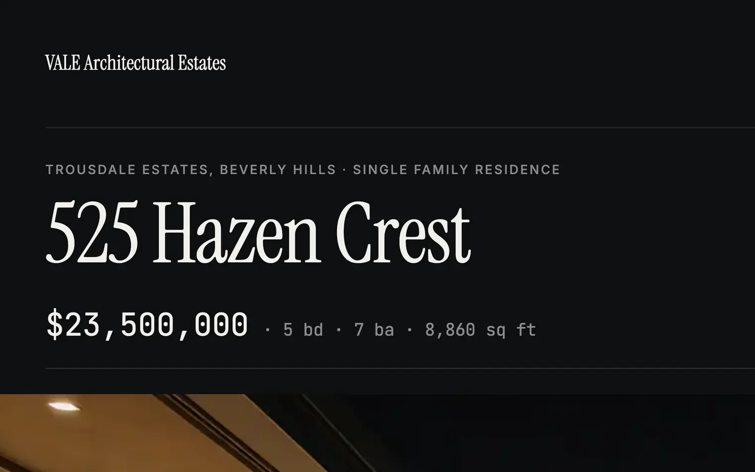 The 525 Hazen Crest listing page on the Atelier sample site, cropped around the address: the VALE Architectural Estates wordmark and the address in the theme’s own serif over the price and specification row, on the dark gallery ground.