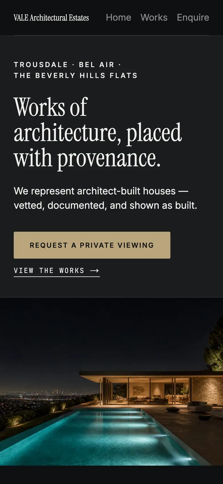 The VALE Architectural Estates agent site on a phone: the wordmark and menu on near-black, the headline “Works of architecture, placed with provenance”, a private-viewing button, and a lit pool above the city at night.