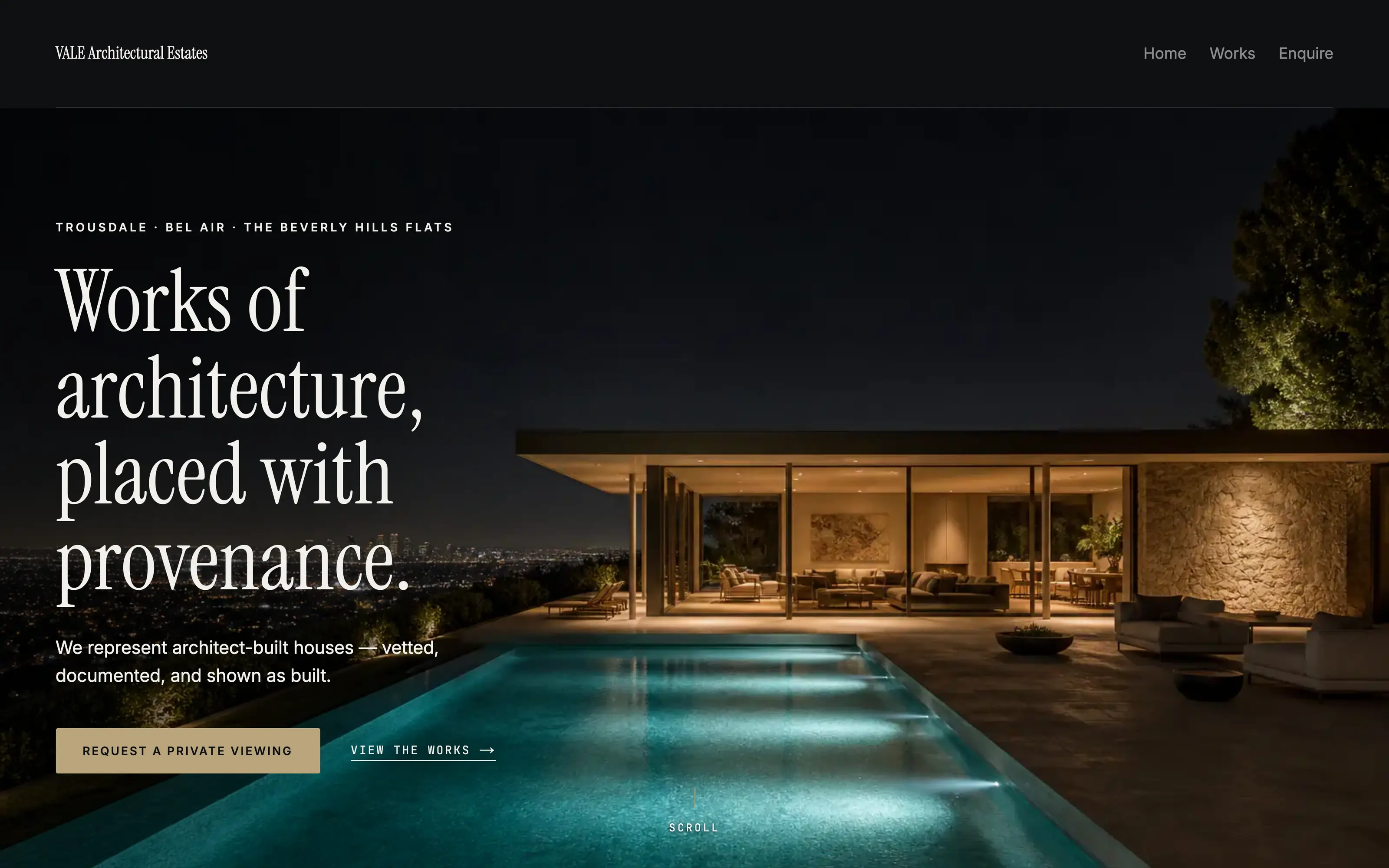 The VALE Architectural Estates home page in the Atelier theme: ivory type on a near-black screen, over a night photograph of a lit pavilion and its pool on the ridge above the city.