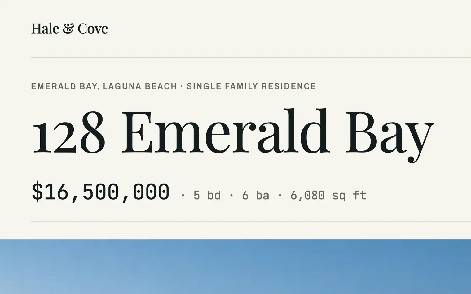 The 128 Emerald Bay listing page on the Hale & Cove sample site: the address in Newsreader over the price and specification line in monospace, and beneath it the page’s own photograph — the house on the headland above the cove at dusk.