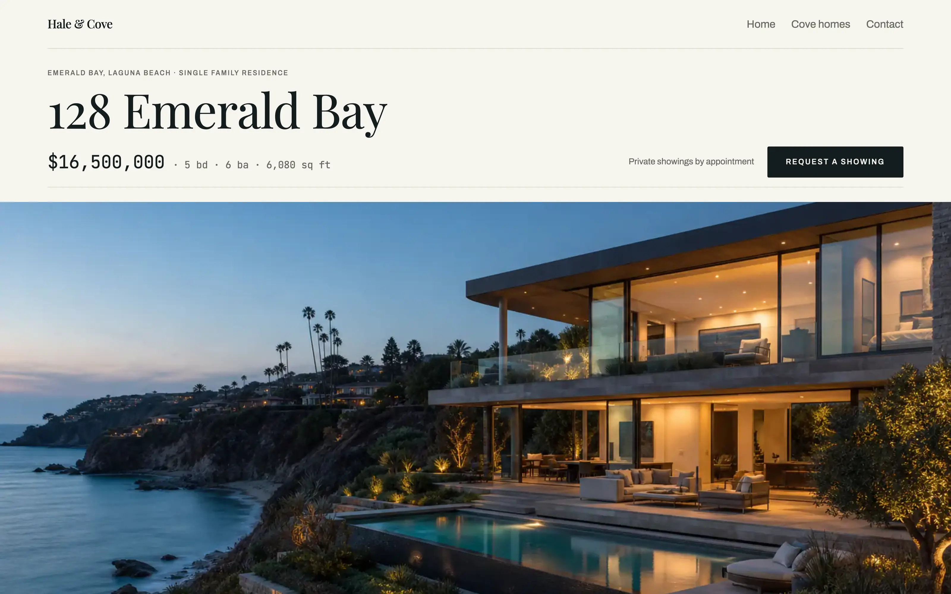 The 128 Emerald Bay listing page on the Cove sample site: the Hale & Cove wordmark and navigation, the address in the theme’s serif over the price and specifications, above a dusk photograph of the glass house on the bluff.