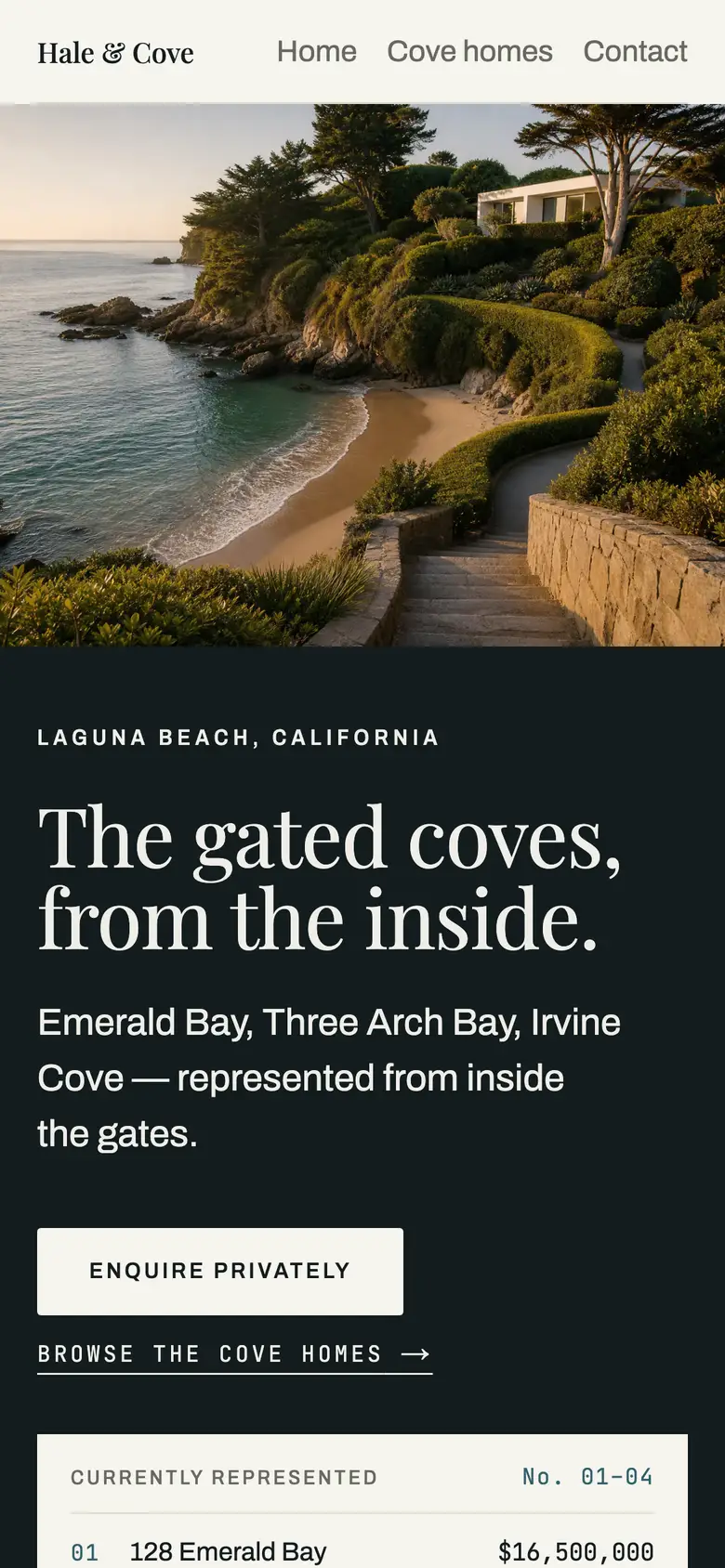 The Cove theme running the Hale & Cove sample site: a full-bleed photograph of a private cove at golden hour, the serif headline set low over the water and a numbered card of four represented homes.