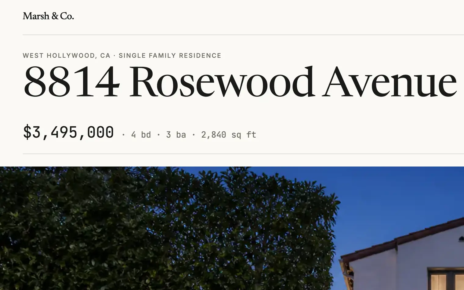 The Meridian theme running the Marsh & Co. listing page for 8814 Rosewood Avenue: the address set in a serif display over the asking price, beds, baths and floor area, on warm white.