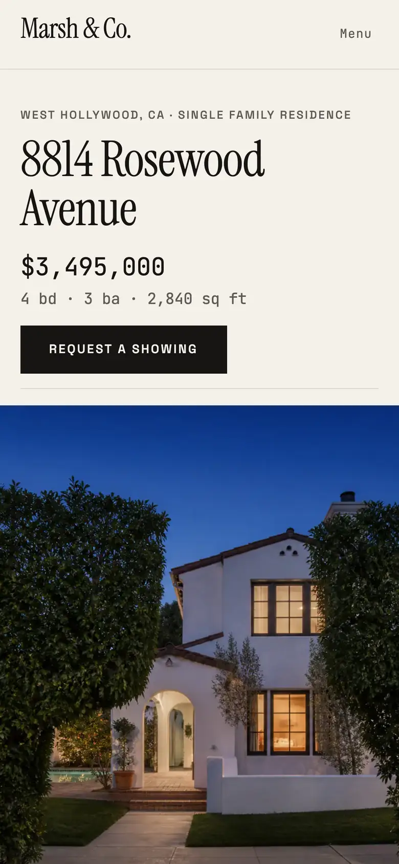 The 8814 Rosewood Avenue property site on a phone: the Marsh & Co. wordmark, the address in a serif over the price and specifications, a request-a-showing button and the white Spanish house behind its hedge at dusk.