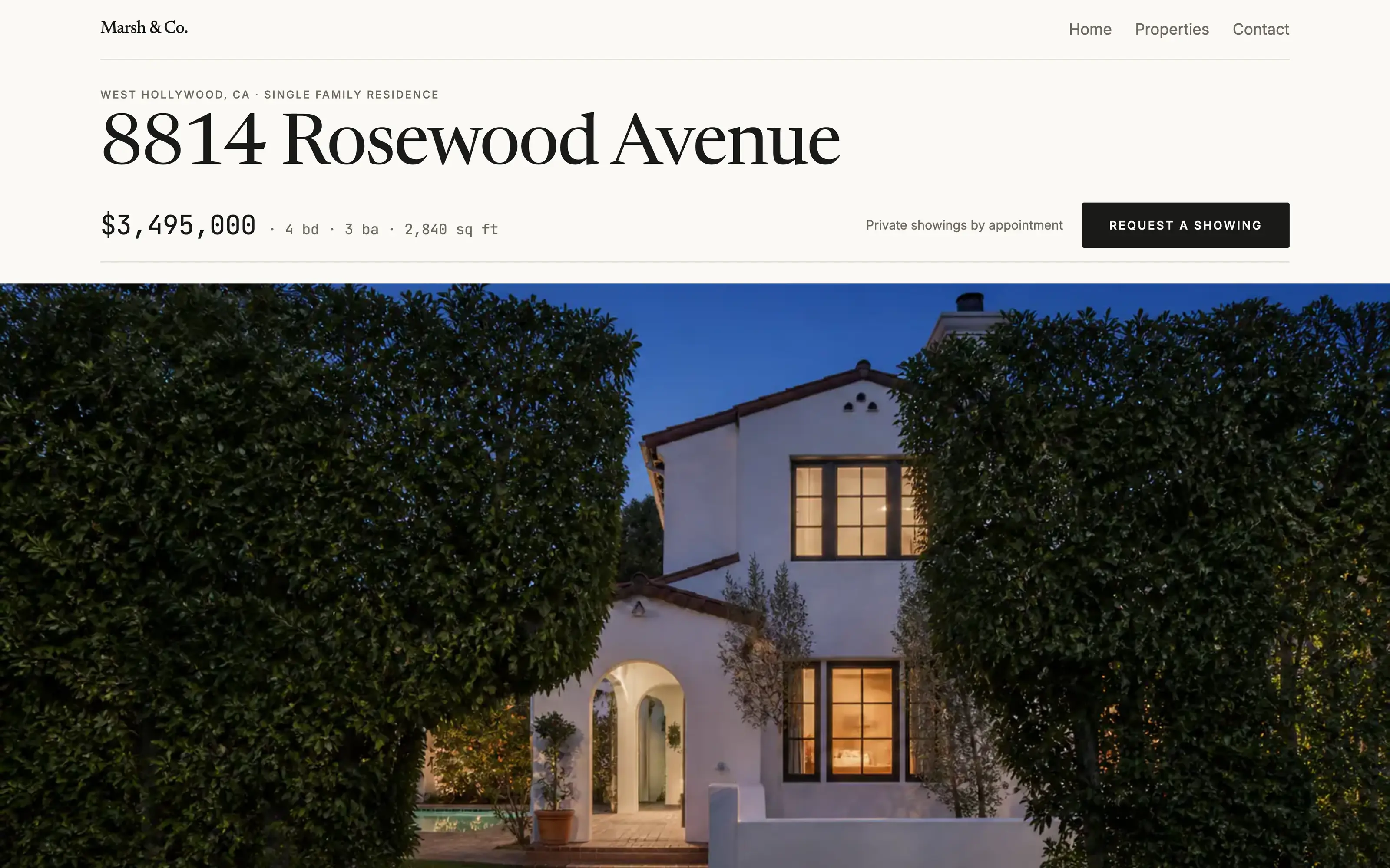 The finished property site for 8814 Rosewood Avenue in the Meridian theme: the address in serif over the price and specifications, above a dusk photograph of the white Spanish house behind its ficus hedge.