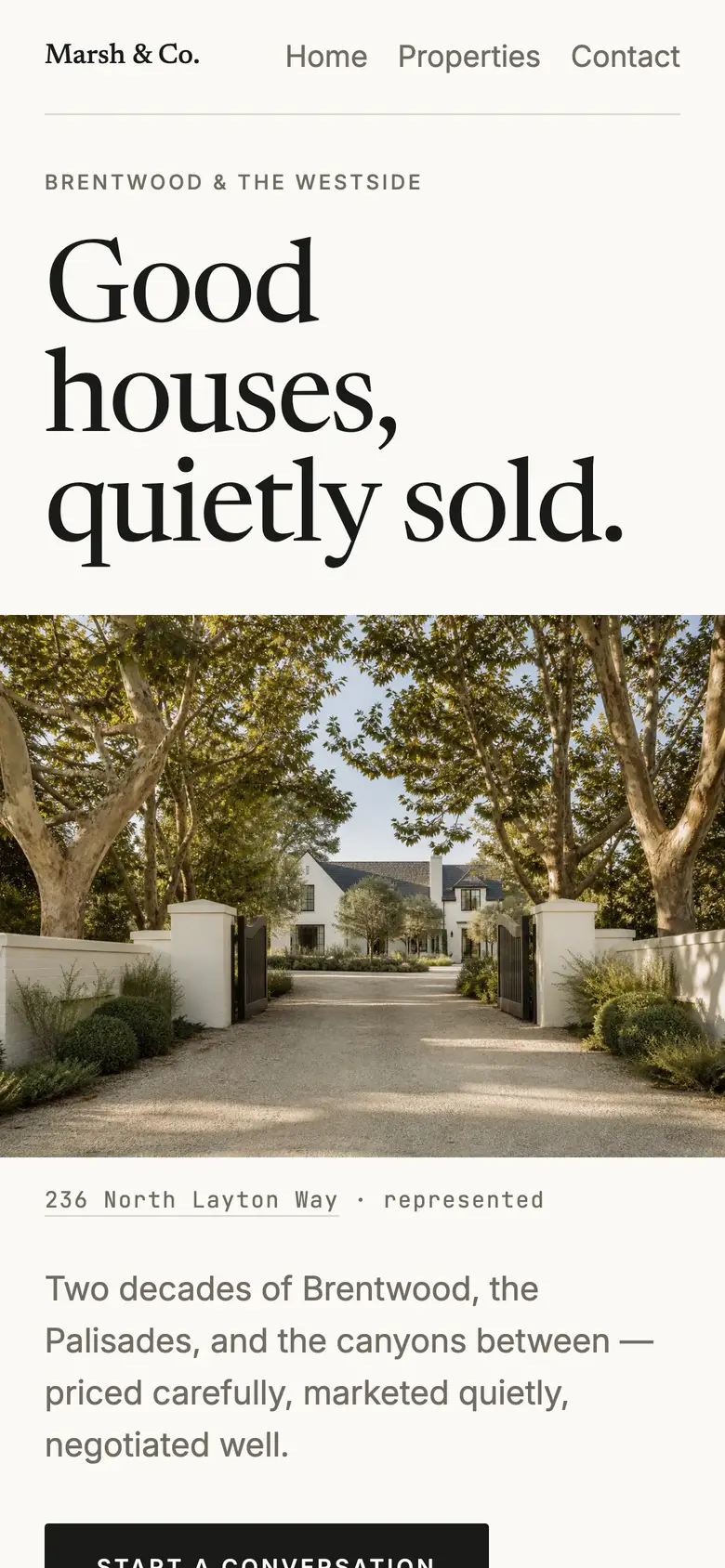 The Meridian theme running the Marsh & Co. sample site: a serif headline reading "Good houses, quietly sold." with a photograph of a white gabled house behind open gates and plane trees.