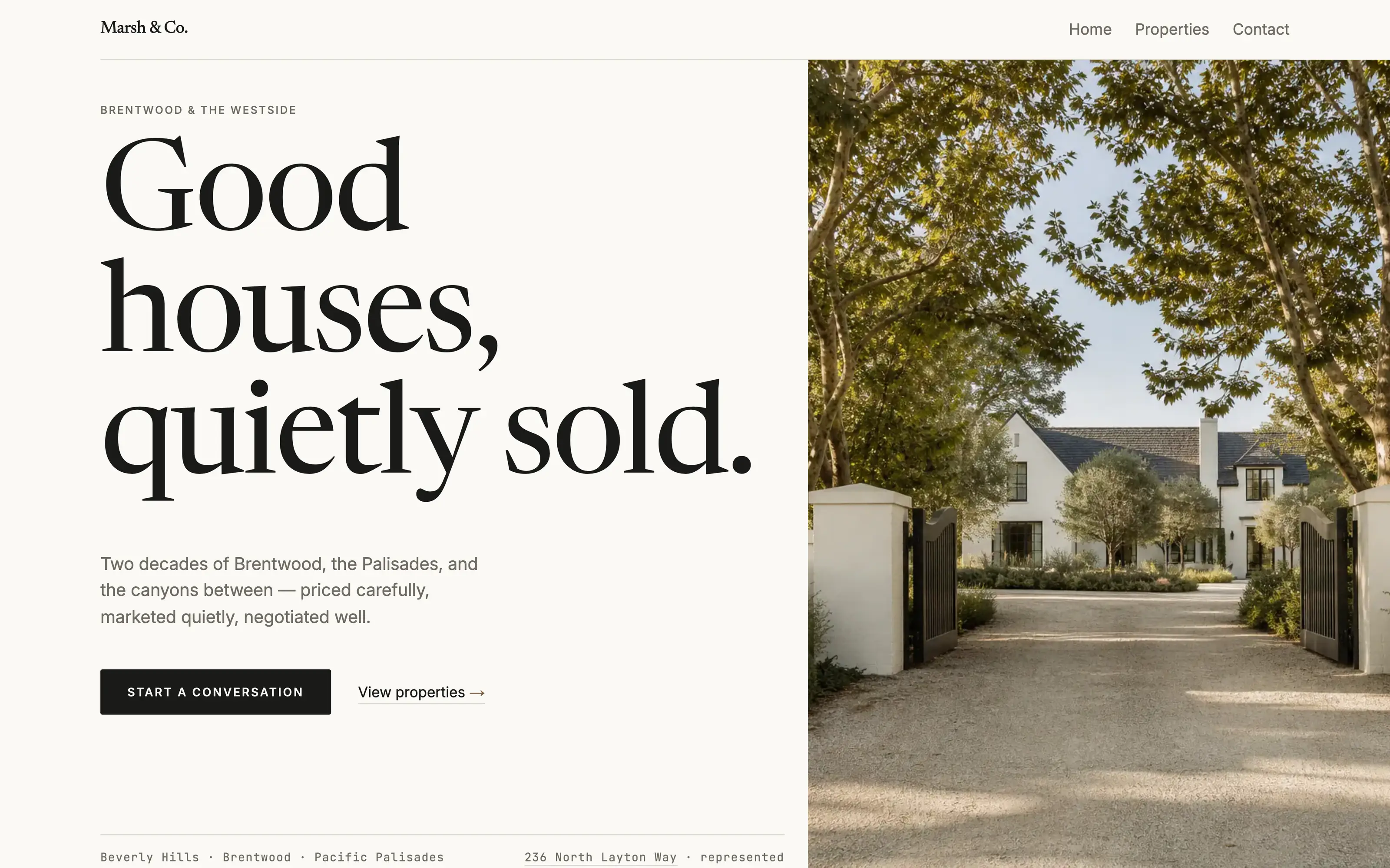 The Marsh & Co. home page in the Meridian theme: the practice name and a serif headline on warm paper at the left, and a photograph of a white house standing behind its gated drive filling the right of the screen.