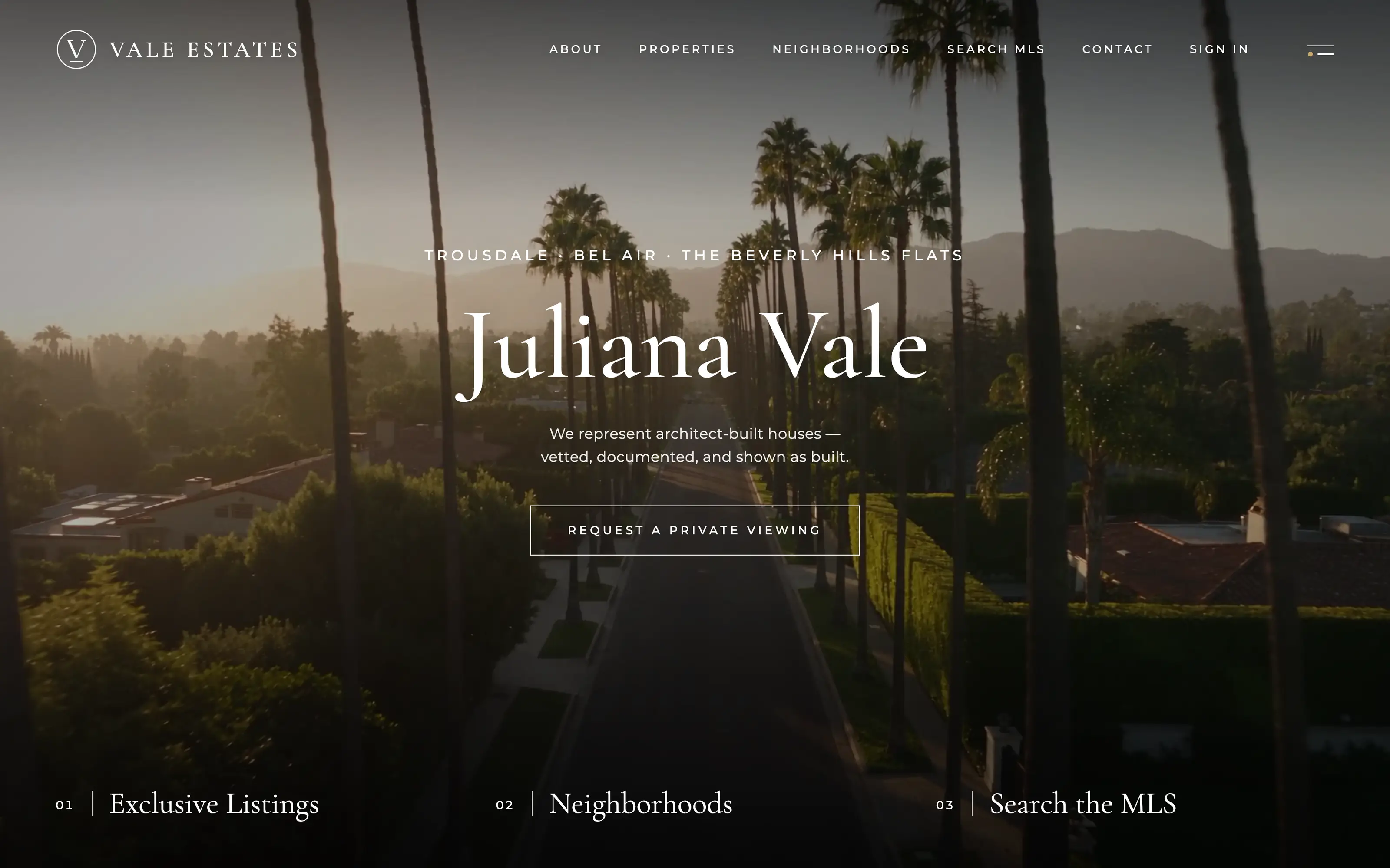 The VALE Estates sample home page: the practice name and navigation over a film of a palm-lined street at dusk, the name Juliana Vale in a large serif, a line about the practice and a Request a private viewing button.