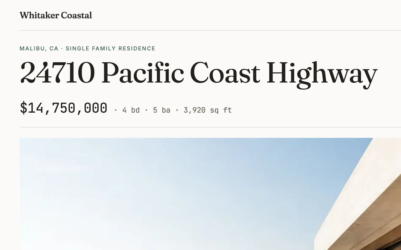 The 24710 Pacific Coast Highway listing page on the Tide sample site, cropped around the address: the theme’s own display face over the price and specification row.