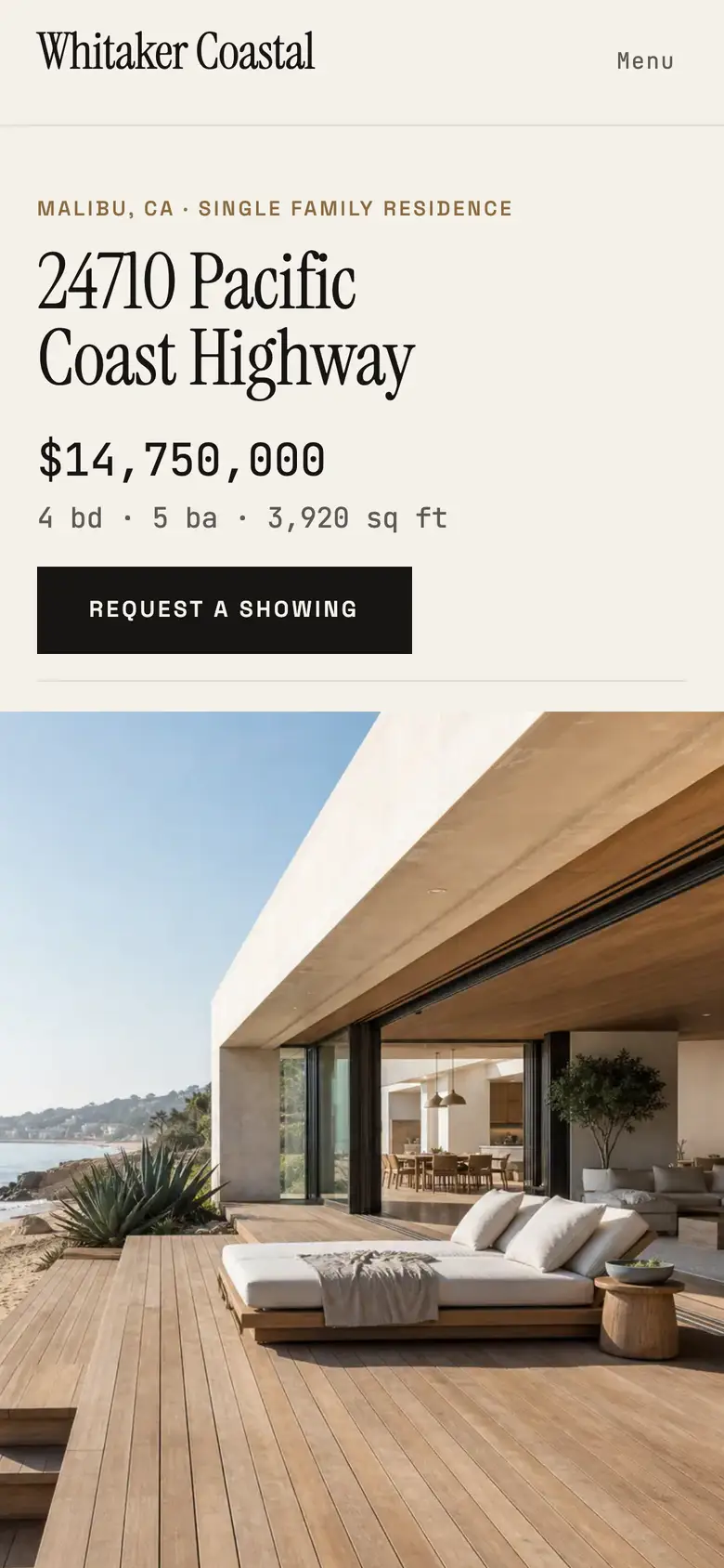 The 24710 Pacific Coast Highway property site on a phone: the Whitaker Coastal wordmark, the address in a serif over the price and specifications, a request-a-showing button and a daylight photograph of a teak deck opening to the sand.