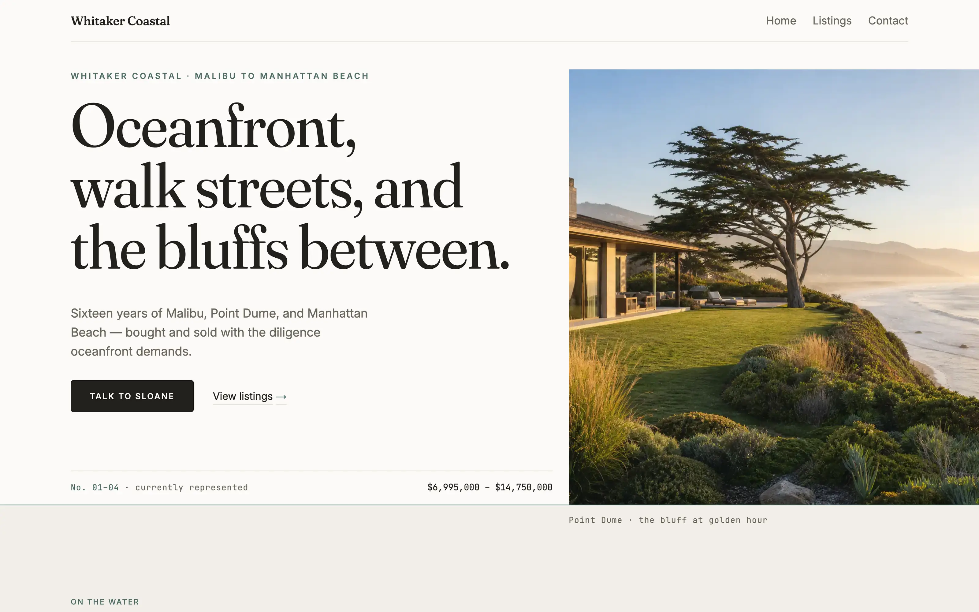 The Whitaker Coastal home page in the Tide theme: a soft serif headline on near-white paper at the left, and a photograph of a bluff-top house above the surf at golden hour on the right.