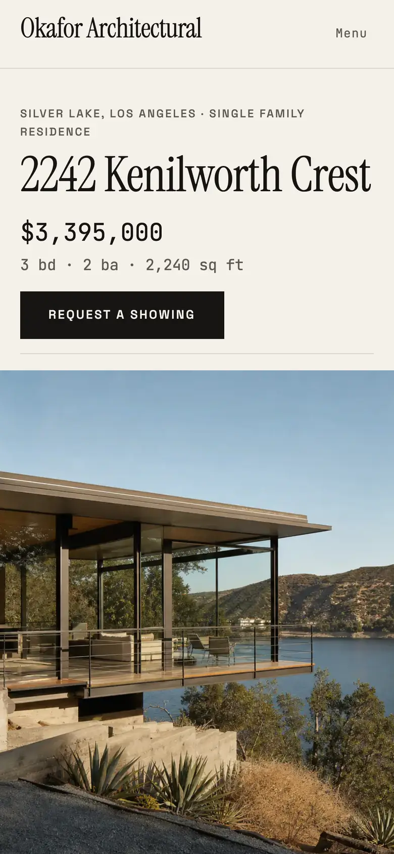 The 2242 Kenilworth Crest listing page on a phone: the Okafor Architectural wordmark, the address over the price and the beds, baths and square feet, a request-a-showing button and a photograph of the glass house above the reservoir.