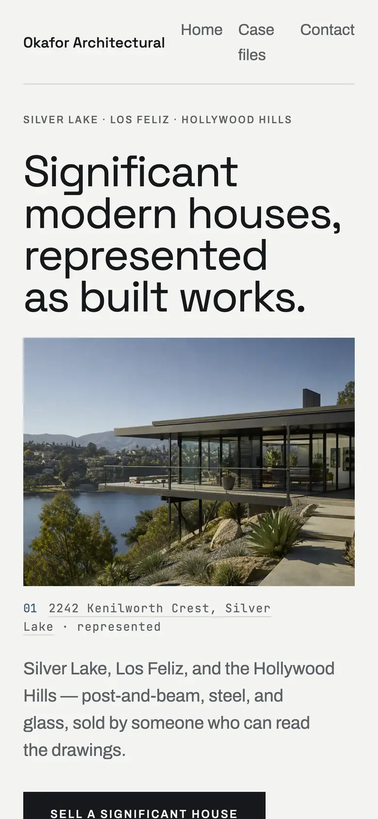 The Vantage theme running the Okafor Architectural sample site: a condensed sans headline, a numbered ledger of four listings with prices, and a ground-floor plan drawing.