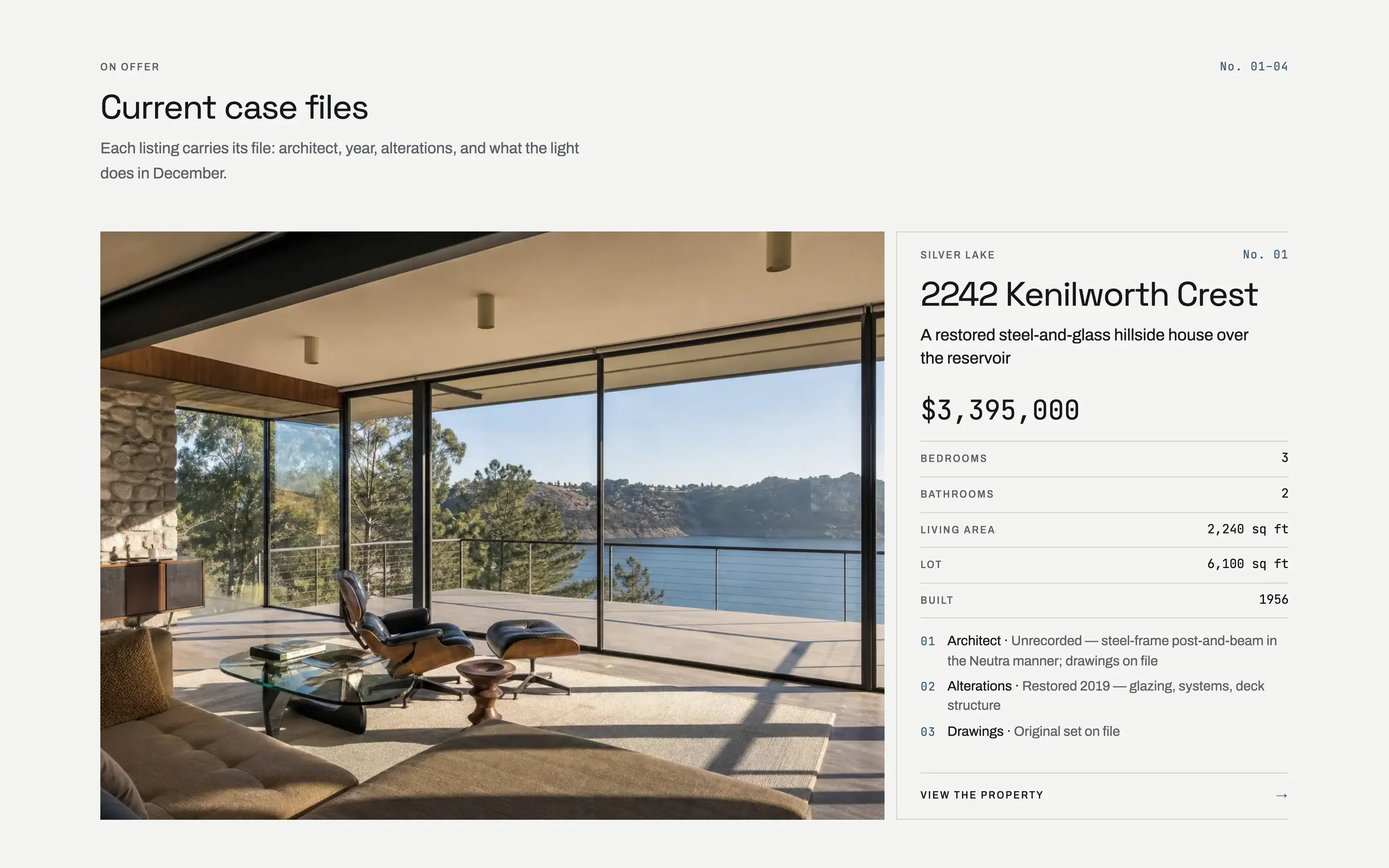 The Okafor Architectural home page in the Vantage theme: a grotesque headline and a numbered roster of represented addresses with their prices at the left, a ground-floor plan drawn on pale paper at the right.